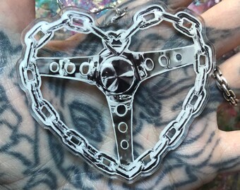 3” Heart Chain Steering Wheel chrome acrylic hanger