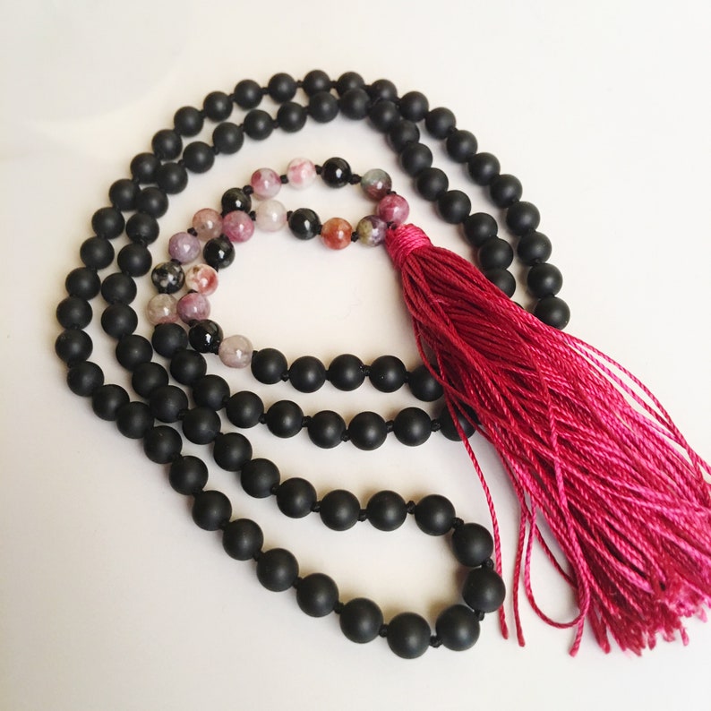 108 Mala Bead Necklace made with 6mm Stones Black Tourmaline and Onyx Mala Necklace I Am Balanced /& Protected