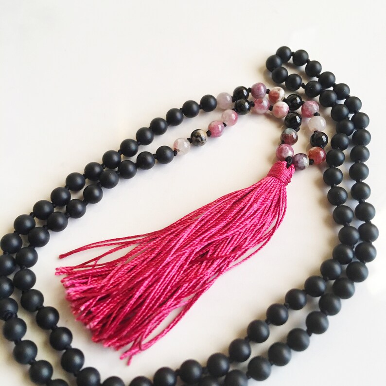 108 Mala Bead Necklace made with 6mm Stones Black Tourmaline and Onyx Mala Necklace I Am Balanced /& Protected