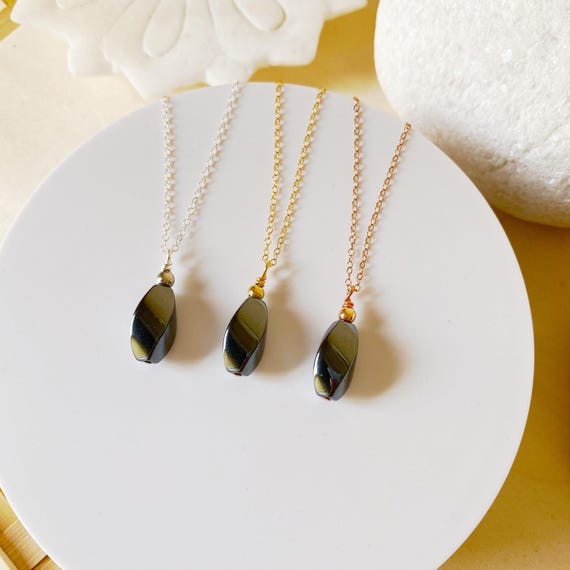 Hematite Pendant Necklace Oval Twist Stone on Delicate Chain