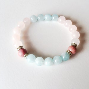 Equilibrando o Eu e as Emoções - Água-marinha | Pulseira de Rodonita e Quartzo Rosa | Pulseira de Cura | Pulseira da Intenção | Pulseira de Empilhamento