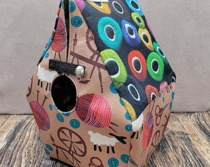 Birdhouse Project bag for knitters or crocheters, fully lined, Birdhouse shaped knitting bag