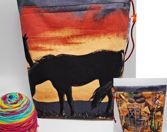 LARGE Twofer, reversible Project bag , reversible pouch for knitters or crocheters, fully lined with a drawstring.