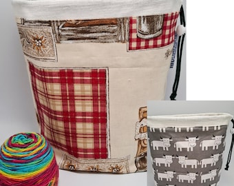 LARGE Twofer, reversible Project bag , reversible pouch for knitters or crocheters, fully lined with a drawstring.