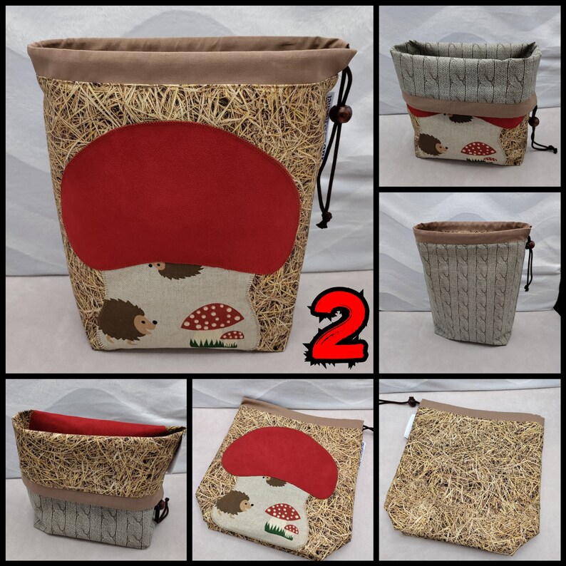 LARGE Gnome/Toadstool Twofer, reversible Project bag , reversible pouch for knitters or crocheters, fully lined with a drawstring. image 6