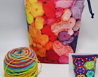 MEDIUM  Twofer, reversible Project bag , reversible pouch for knitters or crocheters, fully lined with a drawstring.