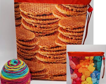 LARGE  Twofer, reversible Project bag , reversible pouch for knitters or crocheters, fully lined with a drawstring.