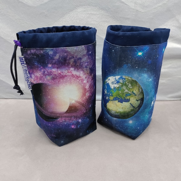 SMALL Galaxy Twofer, reversible Project bag , reversible pouch for knitters or crocheters, fully lined with a drawstring.