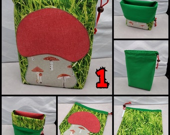 LARGE Gnome/Toadstool Twofer, reversible Project bag , reversible pouch for knitters or crocheters, fully lined with a drawstring.