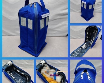 Telephone box Vertibox project bag, for knitting and crochet projects up to 3 balls or spindle holder, wool spool holder