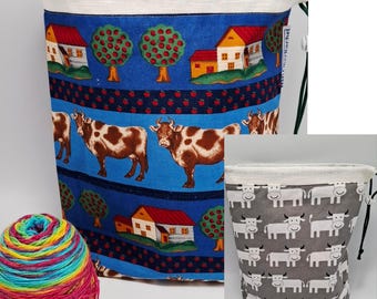 LARGE Twofer, reversible Project bag , reversible pouch for knitters or crocheters, fully lined with a drawstring.