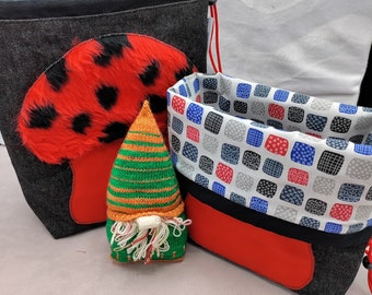 Special LARGE Gnome/Toadstool Twofer, reversible Project bag , reversible pouch for knitters or crocheters, fully lined with a drawstring.