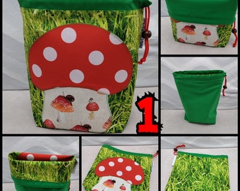 LARGE Gnome/Toadstool Twofer, reversible Project bag , reversible pouch for knitters or crocheters, fully lined with a drawstring.