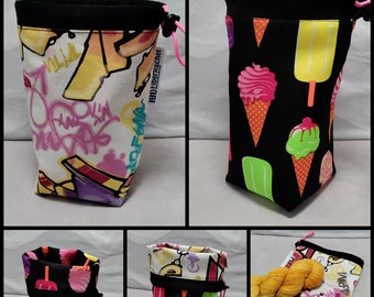 SMALL Twofer, reversible Project bag , reversible pouch for knitters or crocheters, fully lined with a drawstring.