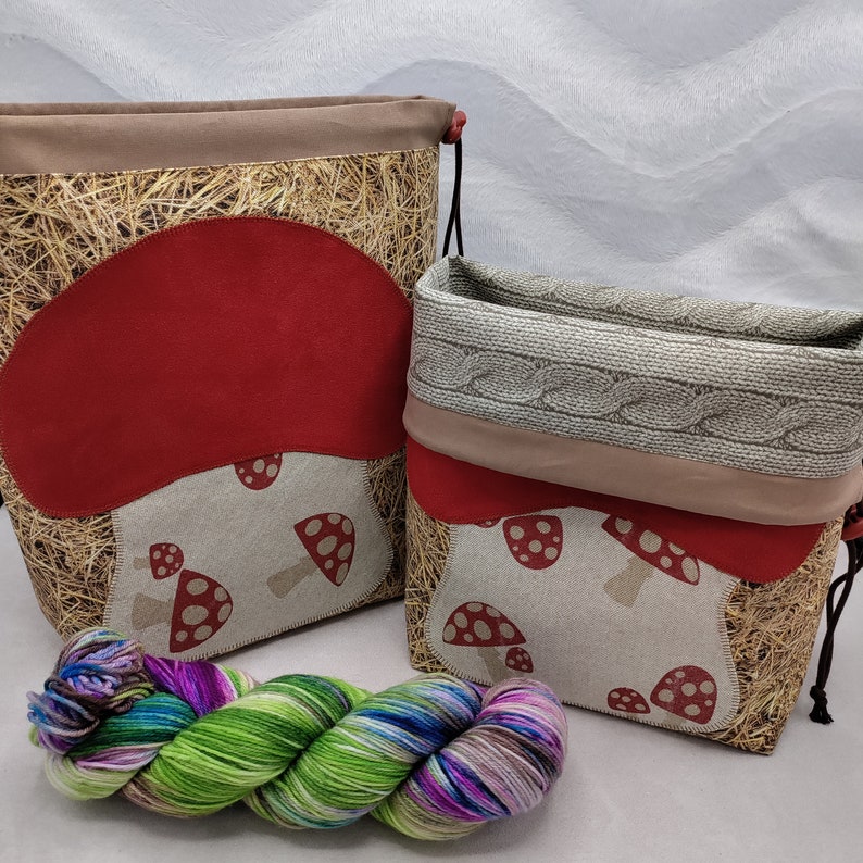 LARGE Gnome/Toadstool Twofer, reversible Project bag , reversible pouch for knitters or crocheters, fully lined with a drawstring. image 9