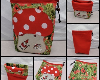 LARGE Gnome/Toadstool Twofer, reversible Project bag , reversible pouch for knitters or crocheters, fully lined with a drawstring.