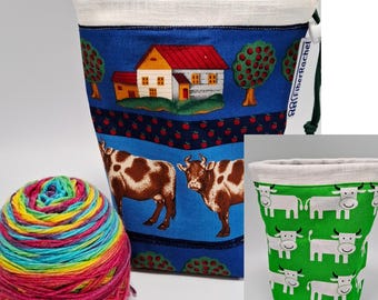 SMALL Twofer, reversible Project bag , reversible pouch for knitters or crocheters, fully lined with a drawstring.