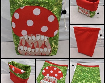 LARGE Gnome/Toadstool Twofer, reversible Project bag , reversible pouch for knitters or crocheters, fully lined with a drawstring.
