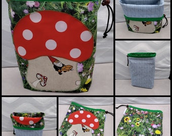 LARGE Gnome/Toadstool Twofer, reversible Project bag , reversible pouch for knitters or crocheters, fully lined with a drawstring.