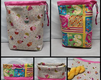 LARGE Twofer, reversible Project bag , reversible pouch for knitters or crocheters, fully lined with a drawstring.