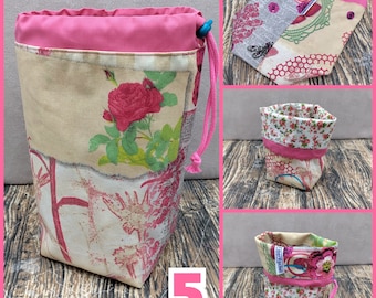 SMALL Twofer, reversible Project bag , reversible pouch for knitters or crocheters, fully lined with a drawstring.