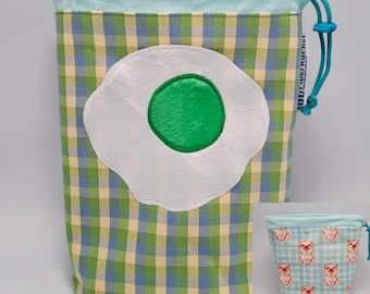 Green Eggs and Ham theme MEDIUM  Twofer, reversible Project bag , reversible pouch for knitters or crocheters