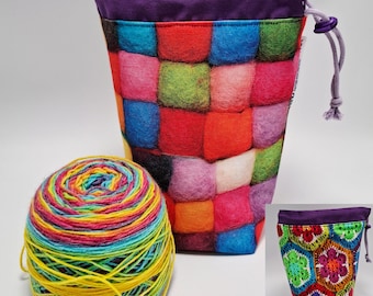 SMALL Twofer, reversible Project bag , reversible pouch for knitters or crocheters, fully lined with a drawstring.