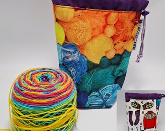 SMALL Twofer, reversible Project bag , reversible pouch for knitters or crocheters, fully lined with a drawstring.