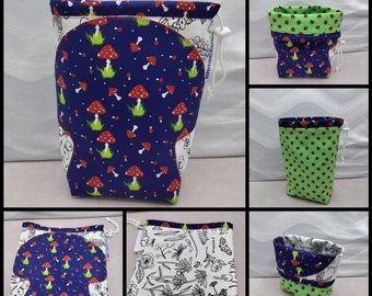 MEDIUM Twofer gnome/toadstool, reversible Project bag , reversible pouch for knitters or crocheters, fully lined with a drawstring.