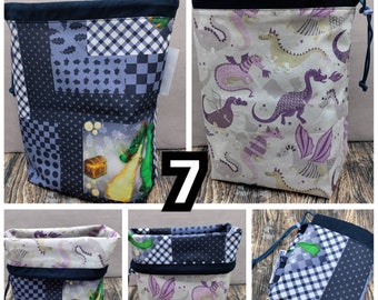 LARGE dragon print Twofer, reversible Project bag , reversible pouch for knitters or crocheters, fully lined with a drawstring.