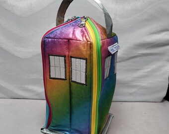 Rainbow Telephone Box Vertibox project bag, for knitting and crochet projects up to 3 balls or spindle holder, wool bobbin holder