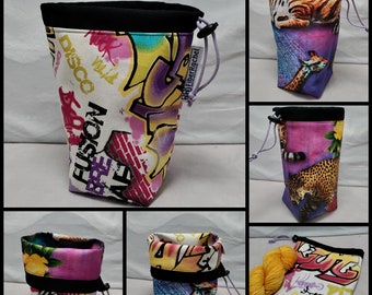SMALL Twofer, reversible Project bag , reversible pouch for knitters or crocheters, fully lined with a drawstring.