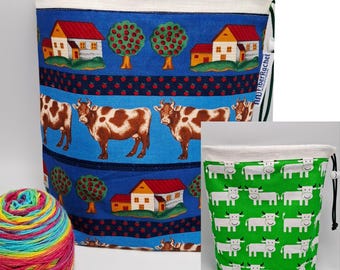 LARGE Twofer, reversible Project bag , reversible pouch for knitters or crocheters, fully lined with a drawstring.