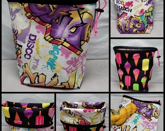 LARGE Twofer, reversible Project bag , reversible pouch for knitters or crocheters, fully lined with a drawstring.