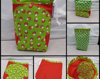 MEDIUM Twofer gnome/toadstool, reversible Project bag , reversible pouch for knitters or crocheters, fully lined with a drawstring.