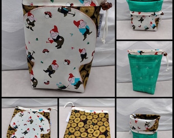 MEDIUM Twofer gnome/toadstool, reversible Project bag , reversible pouch for knitters or crocheters, fully lined with a drawstring.