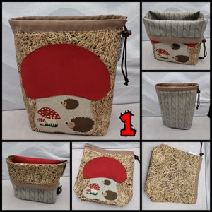 LARGE Gnome/Toadstool Twofer, reversible Project bag , reversible pouch for knitters or crocheters, fully lined with a drawstring. image 1