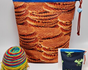 LARGE Stroopwafel Twofer, reversible Project bag , reversible pouch for knitters or crocheters, fully lined with a drawstring.