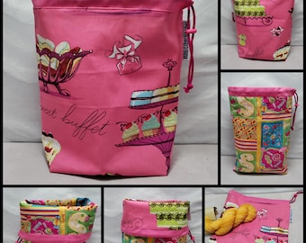 LARGE Twofer, reversible Project bag , reversible pouch for knitters or crocheters, fully lined with a drawstring.