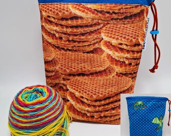 MEDIUM Stroopwafel Twofer, reversible Project bag , reversible pouch for knitters or crocheters, fully lined with a drawstring.