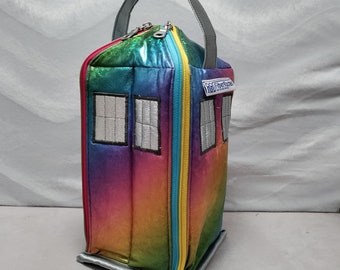 Rainbow Phone Vertibox project bag, for knitting and crochet projects up to 3 skeins, suitable as wrist bag/ yarn bowl, spindle bag etc