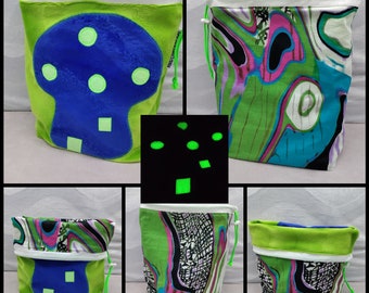 Special Glow in the dark, LARGE Gnome/Toadstool Twofer, reversible Project bag , reversible pouch for knitters or crocheters, fully lined.