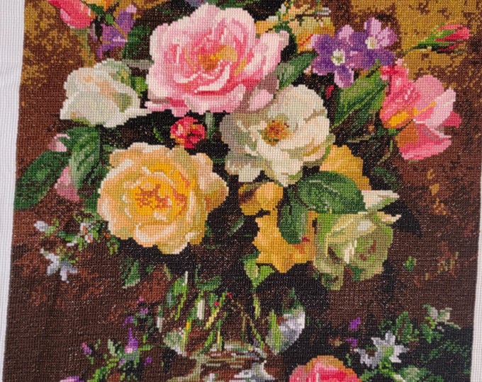 Finished Vase of Roses Cross Stitch Piece