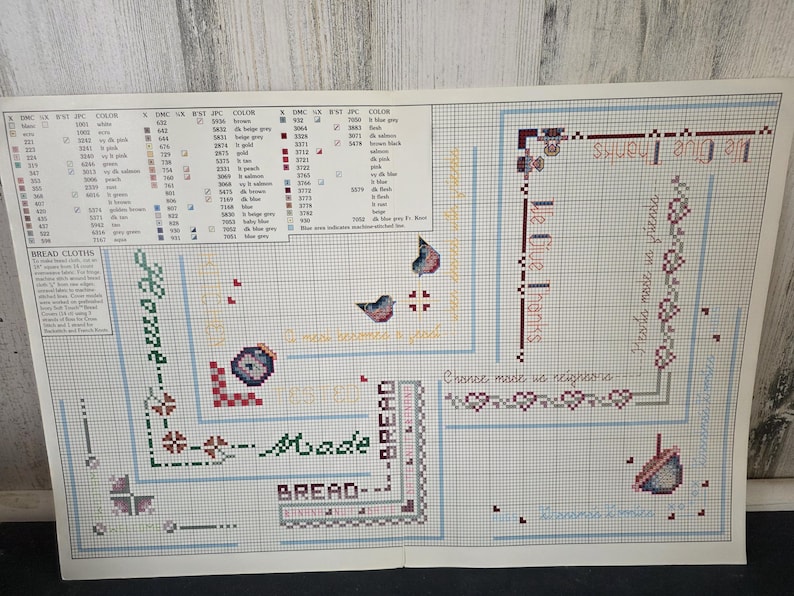 Op de afbeelding: Een kruissteekpatroonvel met verschillende hoekontwerpen en tekst. De ontwerpen omvatten bloempatronen, vogels en de woorden "Home", "Made Bread" en "Give Thanks". Het kleurenpalet omvat rood, blauw, groen en geel.