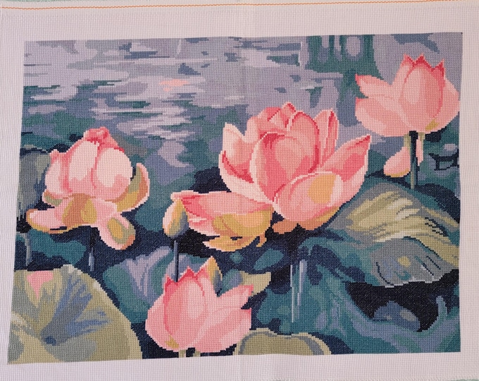 Finished Lotus Flowers in Water Cross Stitch Piece