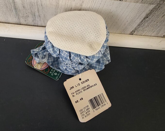 Set of 2 Charles Craft Blue Plaid Jar Lid Cover to Cross Stitch