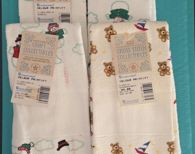 Charles Craft Velour Towels: Snowman & Teddy Bear Prints, Set of 4