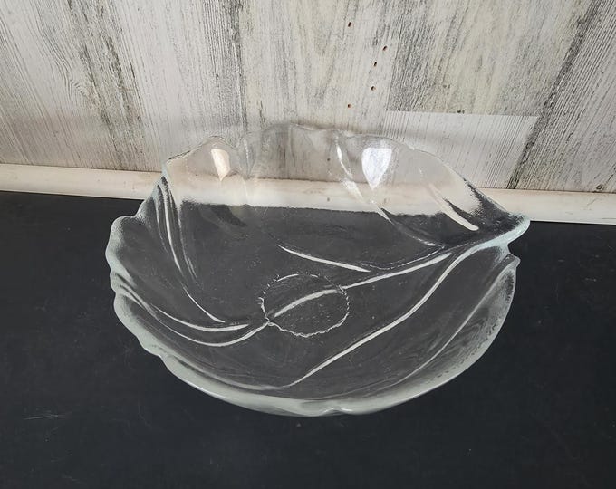 Vintage Clear Glass Leaf-Shaped Bowl Resembling a Cabbage Leaf