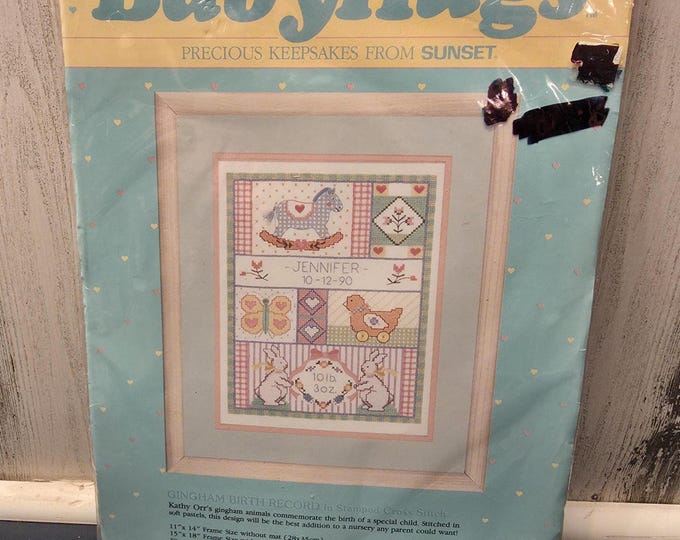 Baby Hugs Precious Keepsakes Printed Cross Stitch Gingham Birth Record from Sunset
