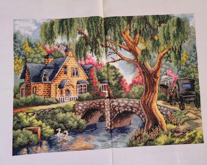 Finished House by the River Cross Stitch Piece
